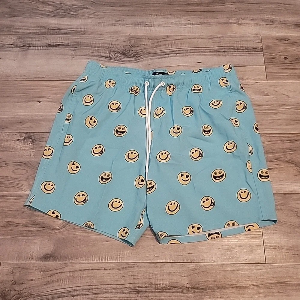 Hollister Stretch Swim Trunks Board Shorts Mens Large Blue Smiley Face
